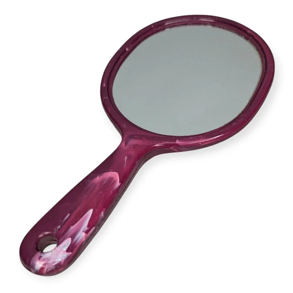 Vintage Plastic Marbled Dark Pink Handheld Mirror